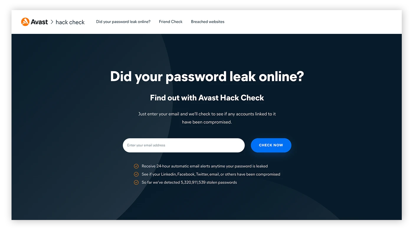 Avast Hack Check是用来检查您的个人数据是否泄露的一个免费工具。